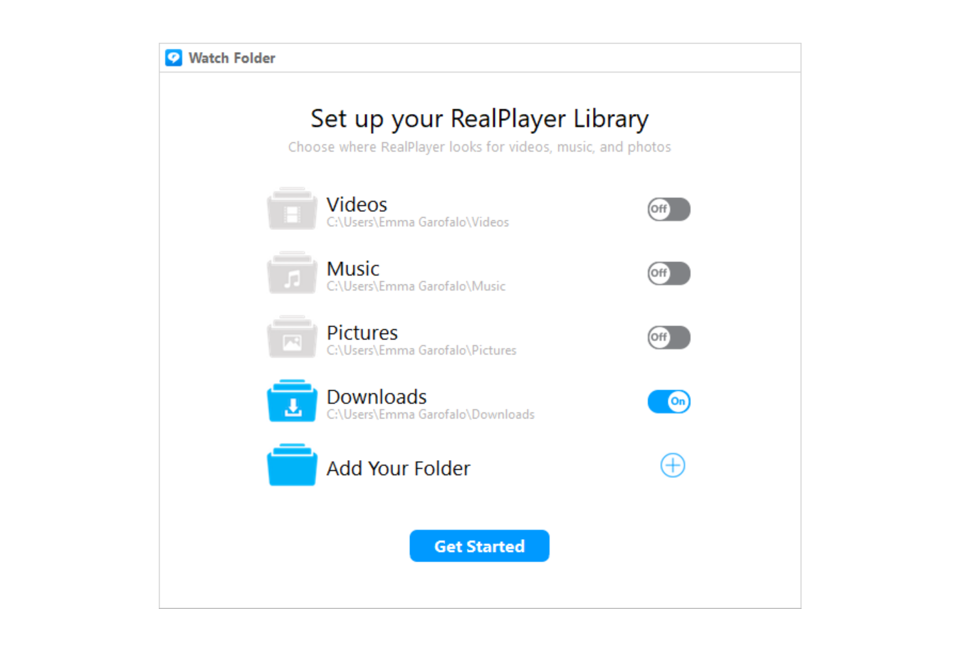 Choosing a folder for RealPlayer.