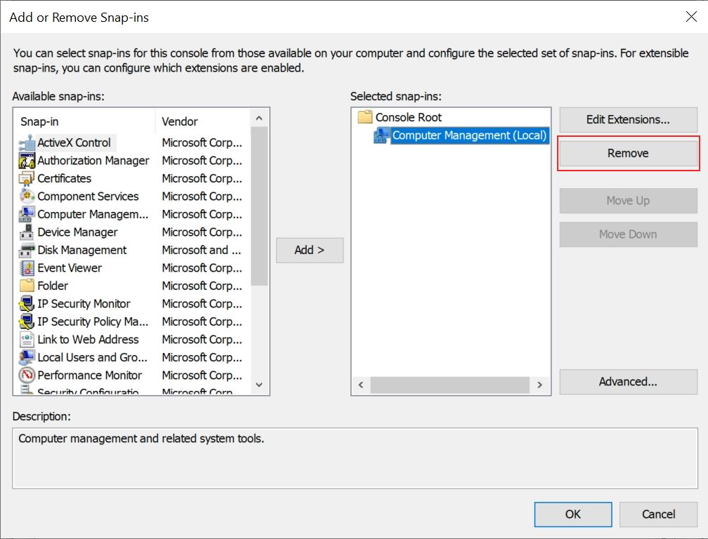 Remove snap-in in Microsoft Management Console (MMC).