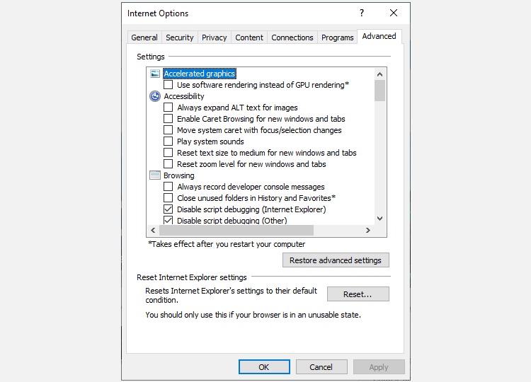 revert internet explorer back to default settings