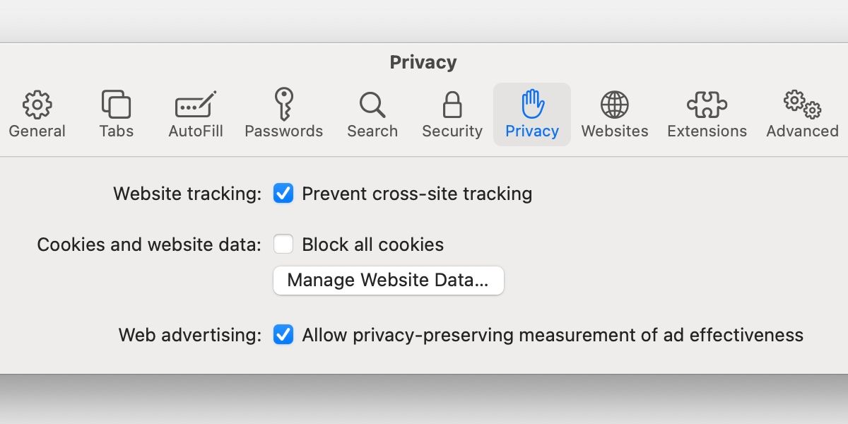 Safari privacy preferences window.