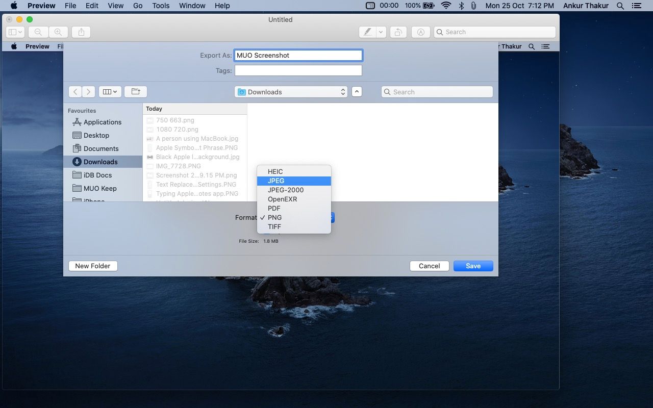 Saving screenshot on MacBook in JPG and other formats
