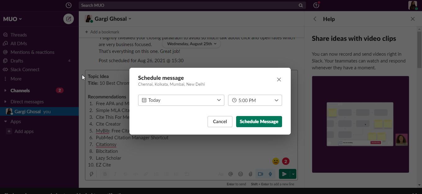 Slack window to schedule a message for later.