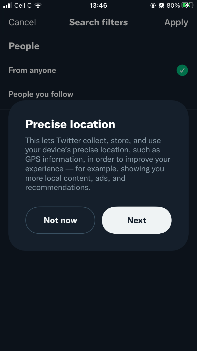 screenshot showing location prompt on twitter for mobile