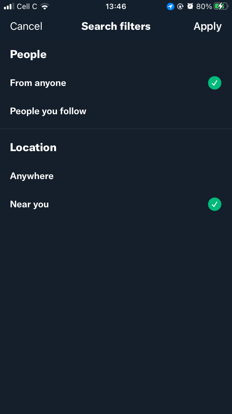 screenshot showing options for location settings on twitter mobile