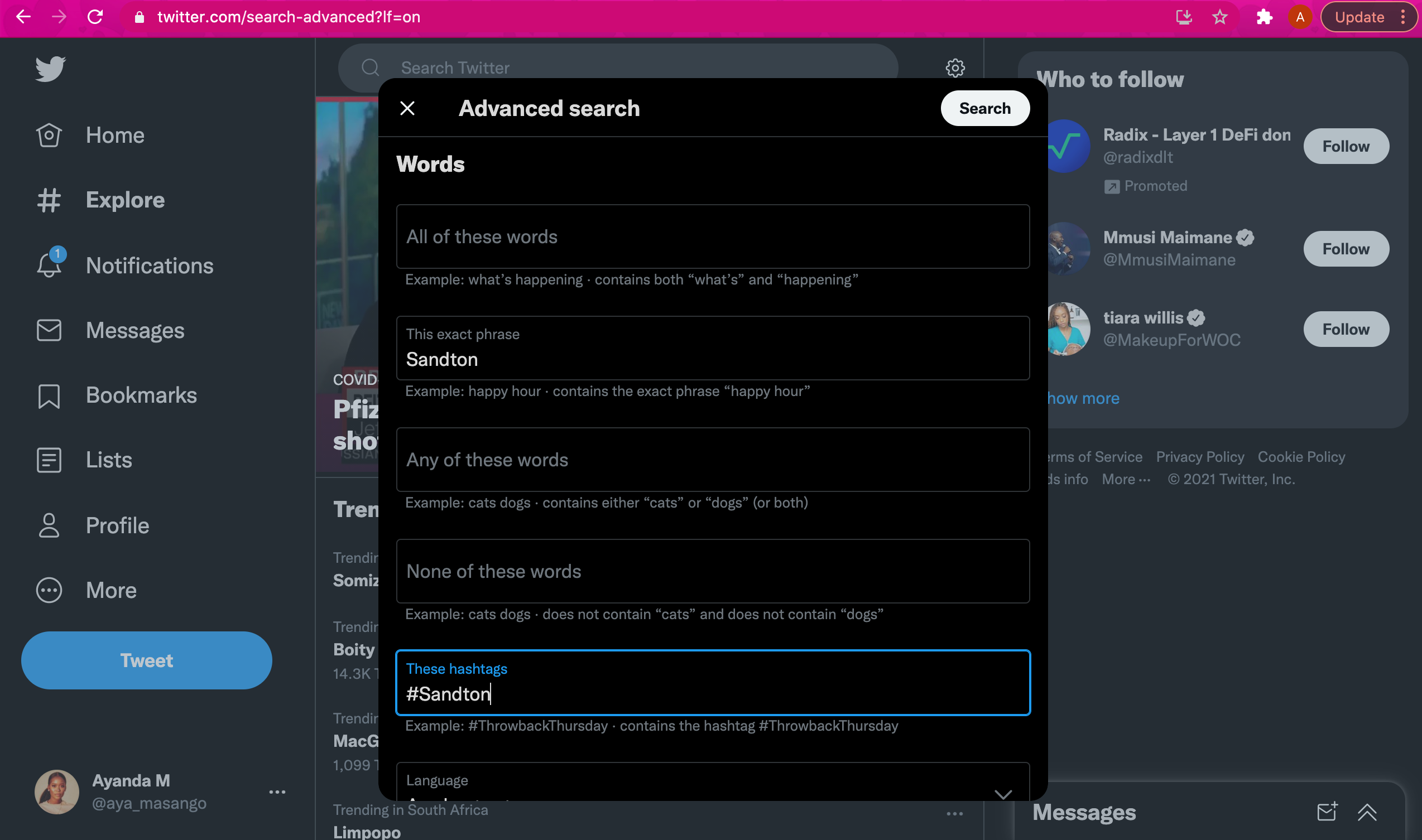 So durchsuchen Sie Twitter nach Standort - screenshot showing twitter advanced search on desktop