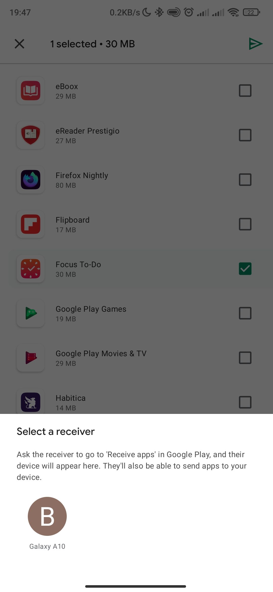 Selecting a device to share apps with