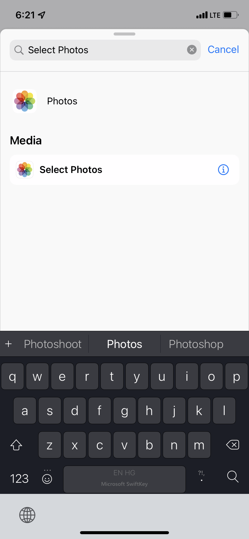 Select Photos Action in iOS Shortcuts app