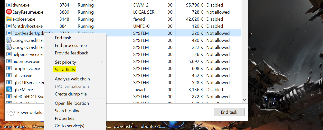 Setting Processor Affinity in Task manager