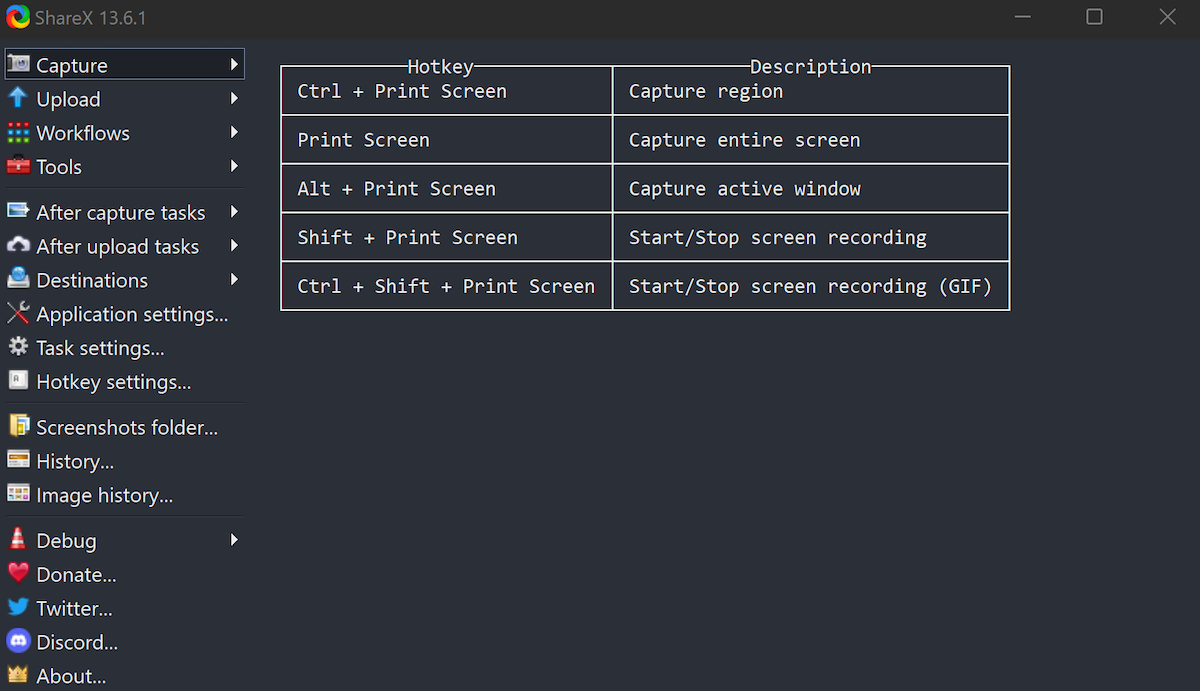 sharex main menu