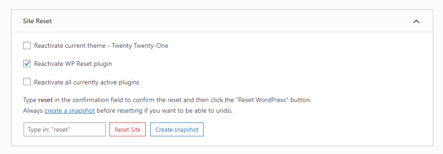 site reset option wp reset tool