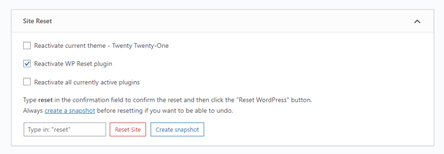 So setzen Sie eine WordPress-Website zurück - site reset option wp reset tool