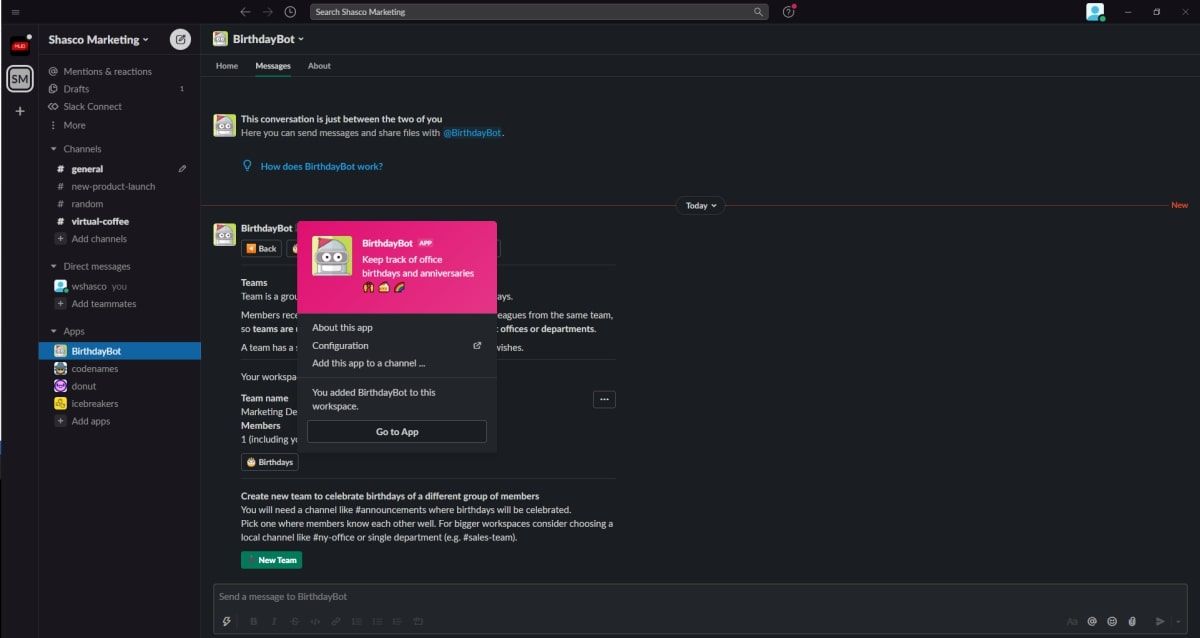 Screenshot of BirthdayBot on Slack