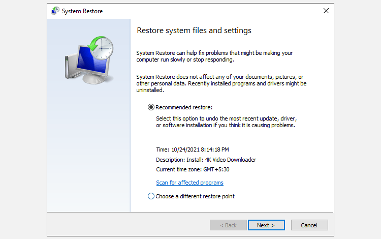 check system restore points