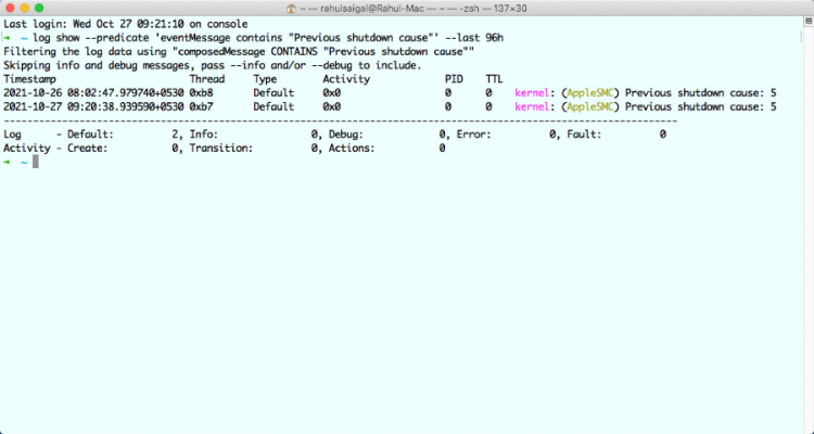 terminal command to decipher the cause of Mac shutdown