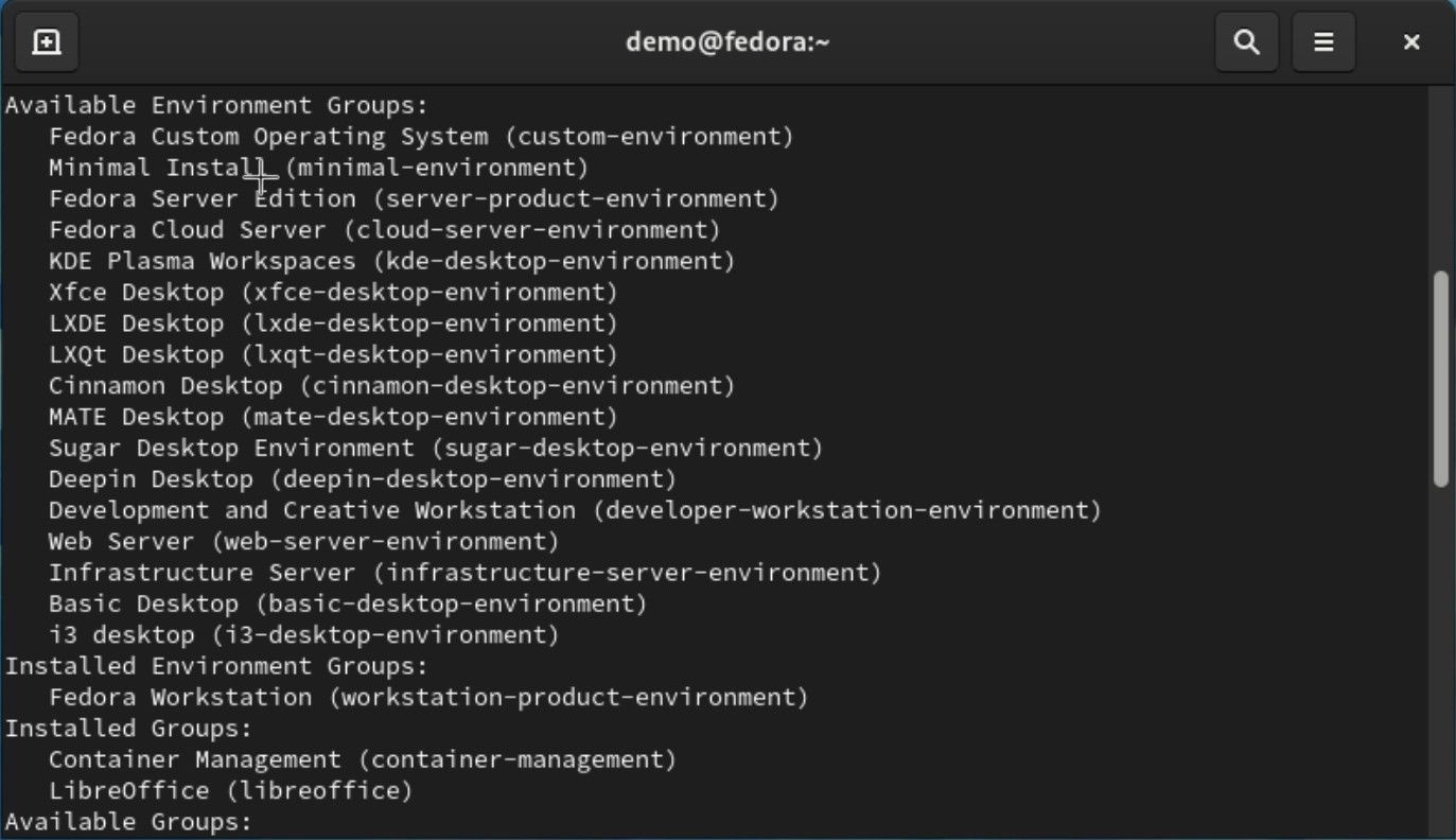 Fedora terminal output from group list command