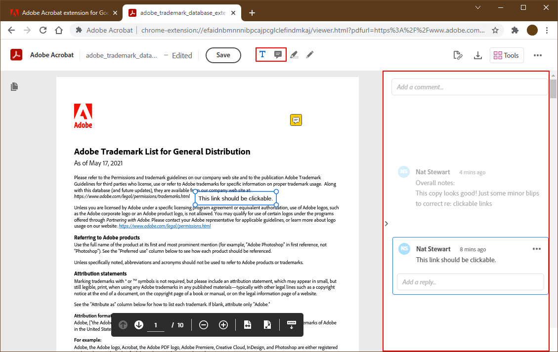 Text and Sticky Note comments in Adobe Acrobat PDF Extension for Chrome