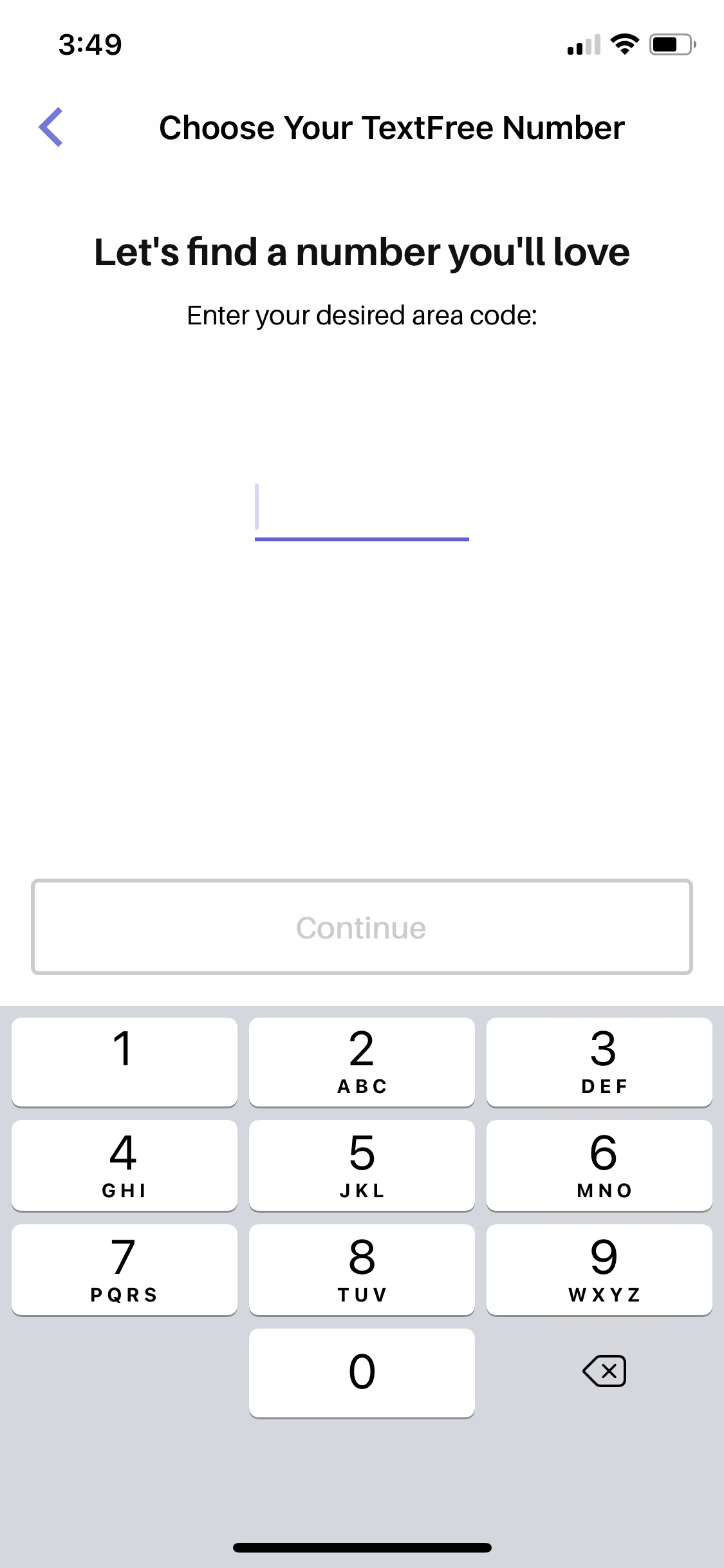 Screenshot showing the choose number page on Text Free