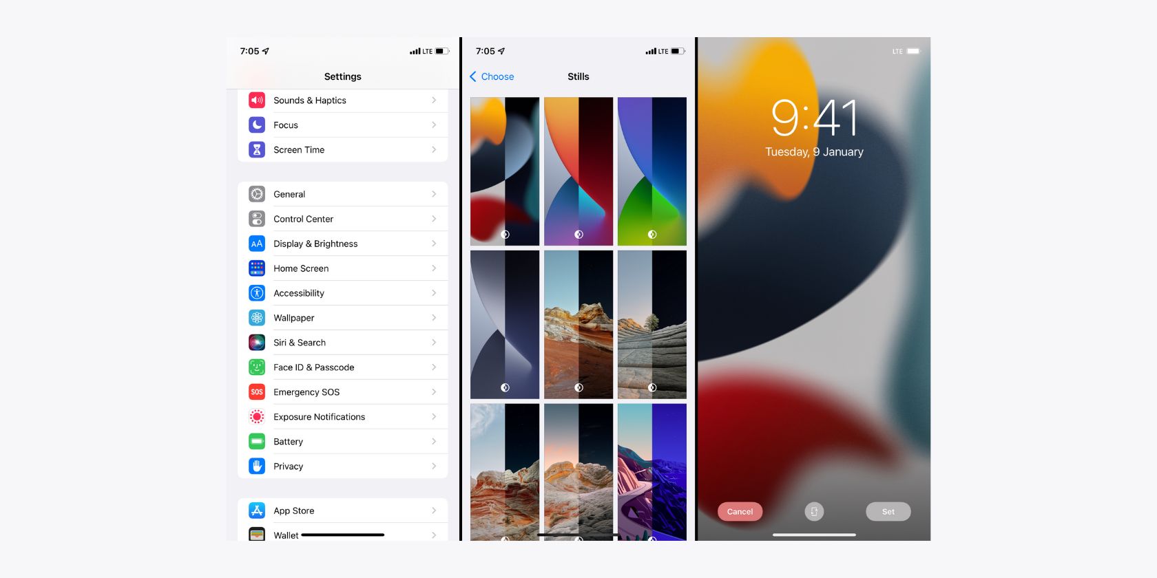 Three iPhone screenshots arranged side by side