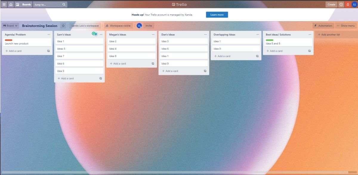 Screenshot of Trello template to brainstorm ideas