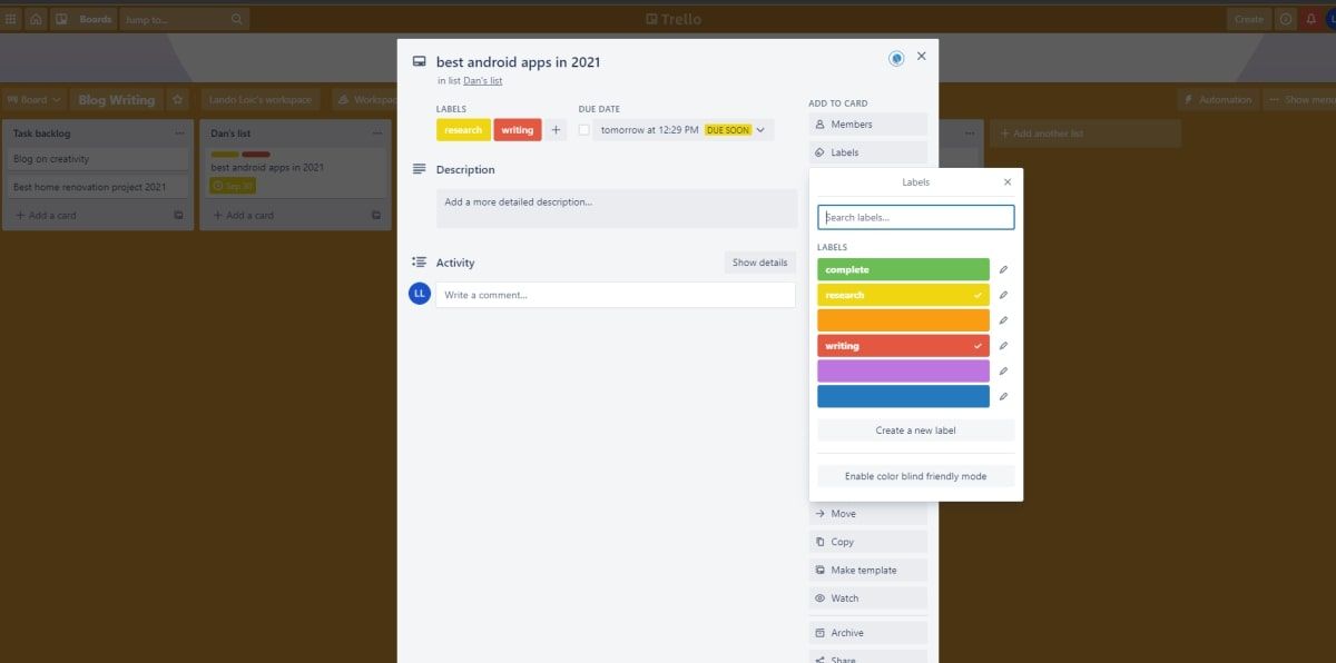Screenshot of a Trello template to assign work to writers
