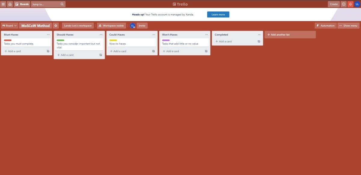 Screenshot of a Trello template for the MoSCoW method
