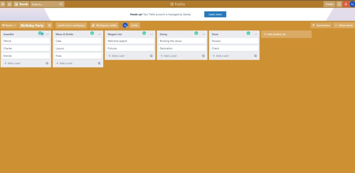 Screenshot of a Trello template to organize a party