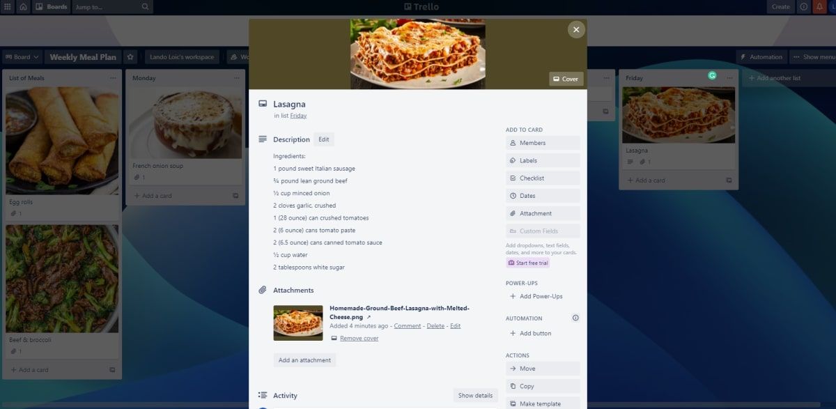 Screenshot of a Trello template to plan meals