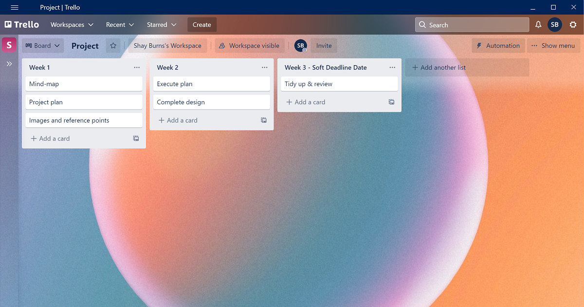 Screenshot of Trello Project Plan 