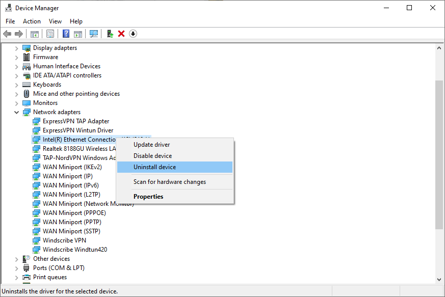 uninstall ethernet adapter from device manager