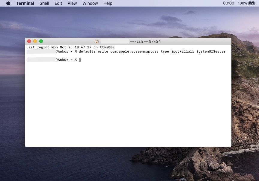 Using Terminal on MacBook to change screenshot file format