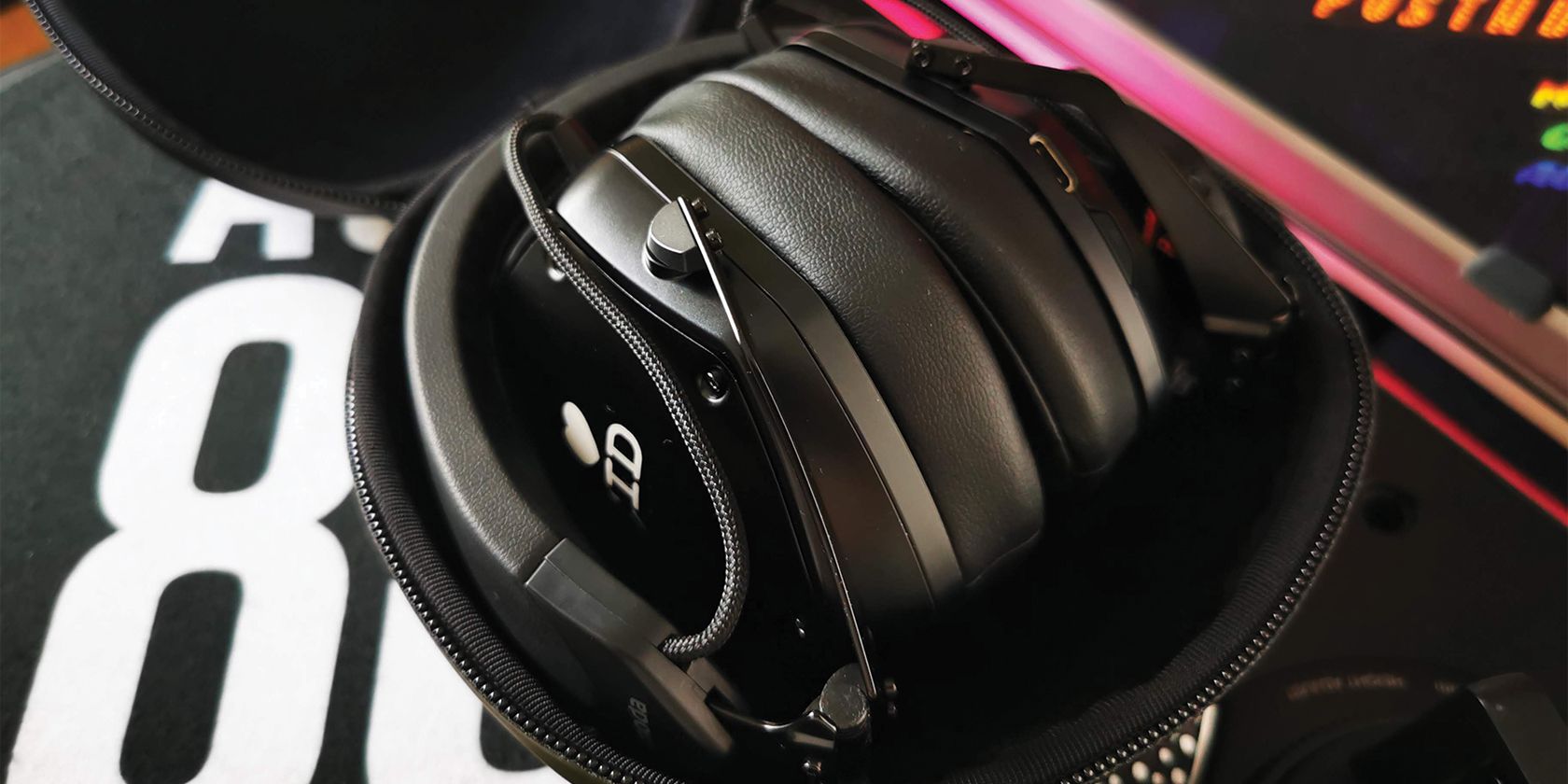 v-moda m-200 anc headphones folded in open case closeup