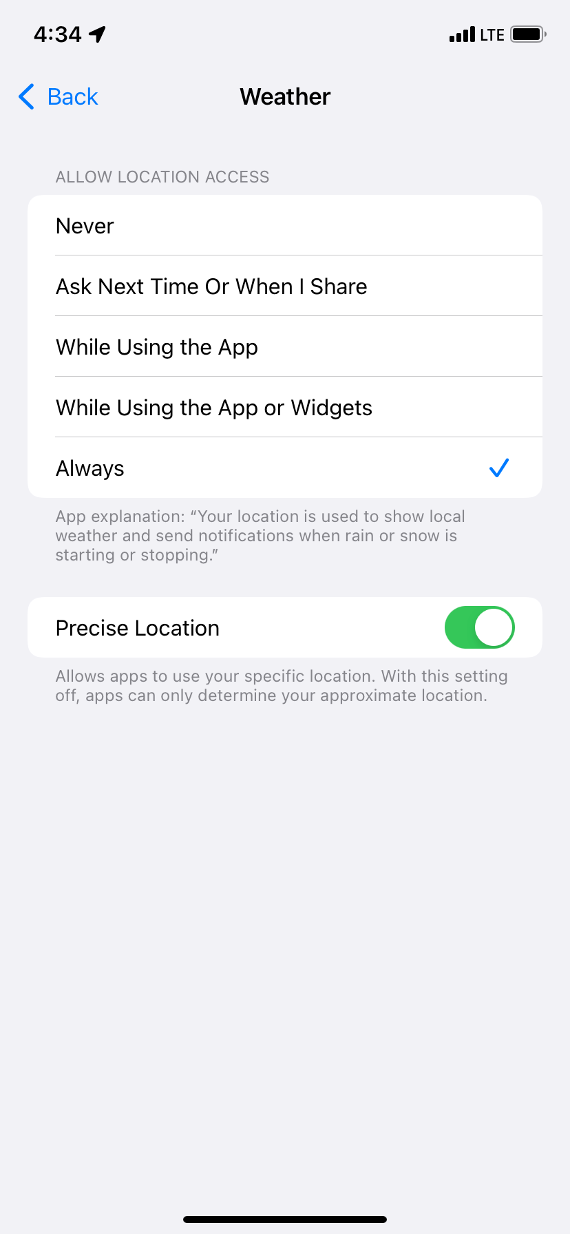 Weather app Location Settings on iPhone
