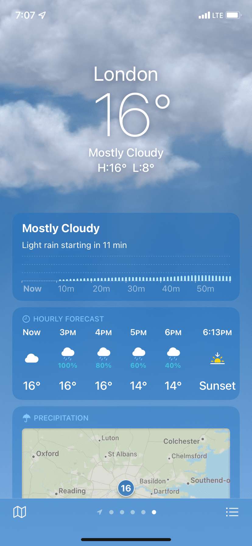Weather app showing it will start raining in 11 minutes