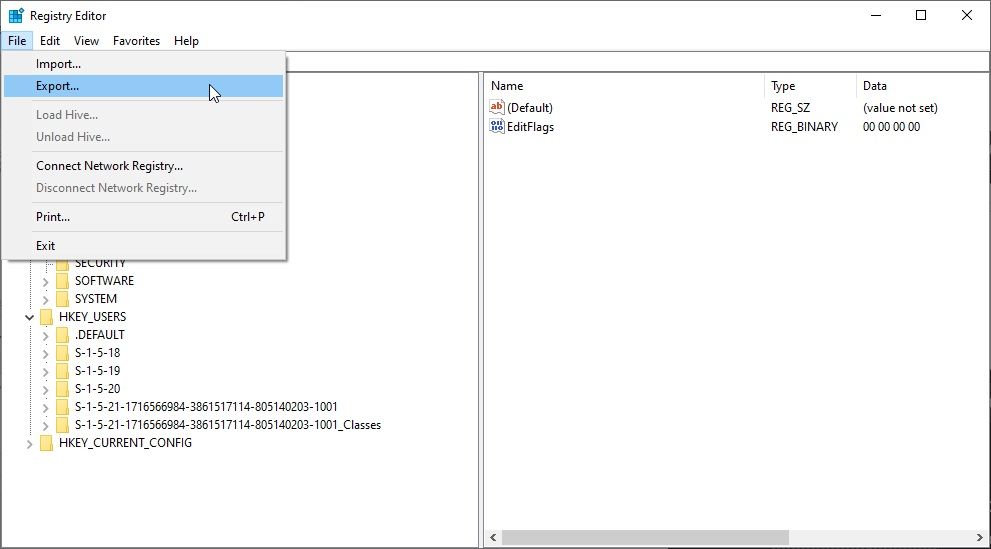 windows registry editor export backup 2021