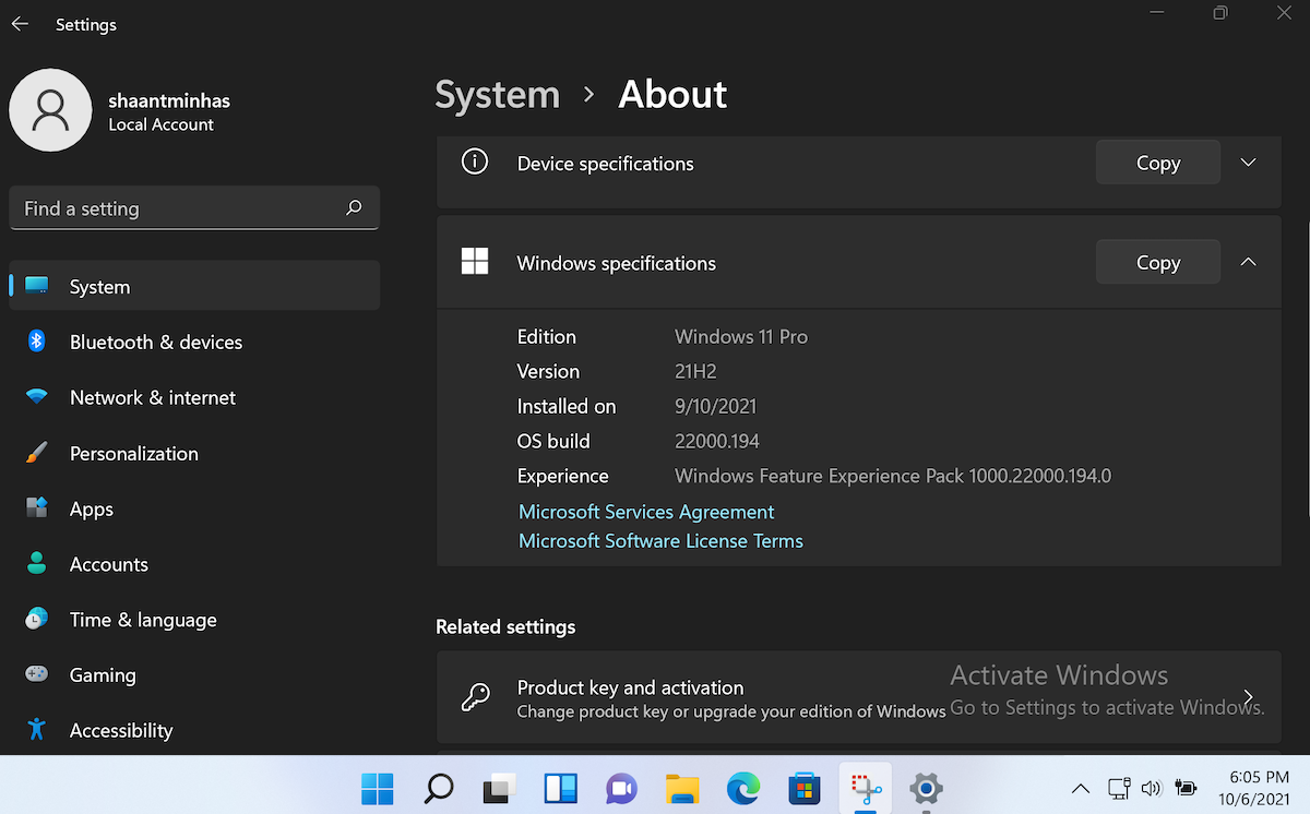 windows specification in the settings