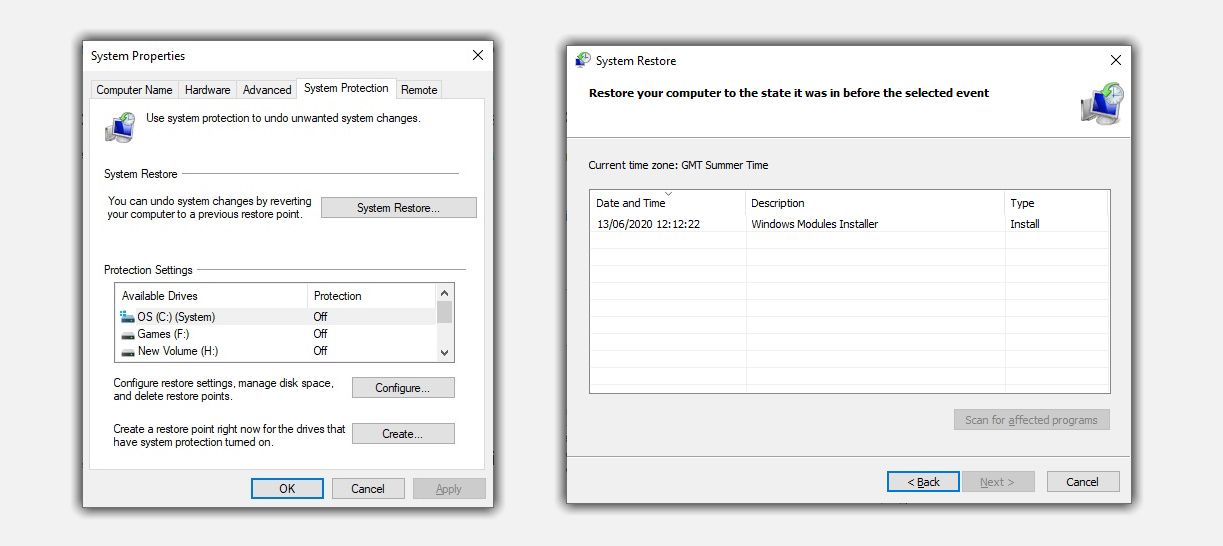 windows system restore and system properties