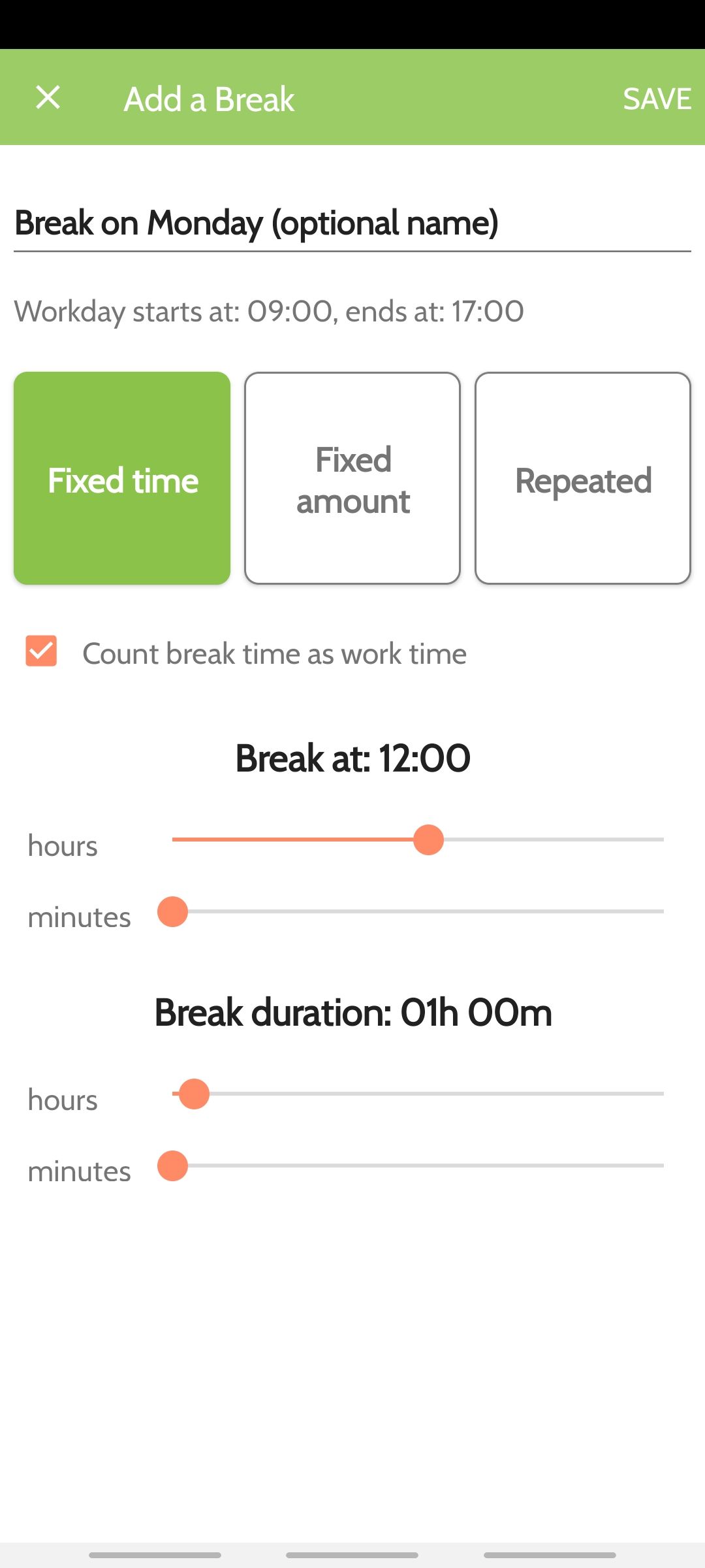 workbreak app editing breaks on a monday