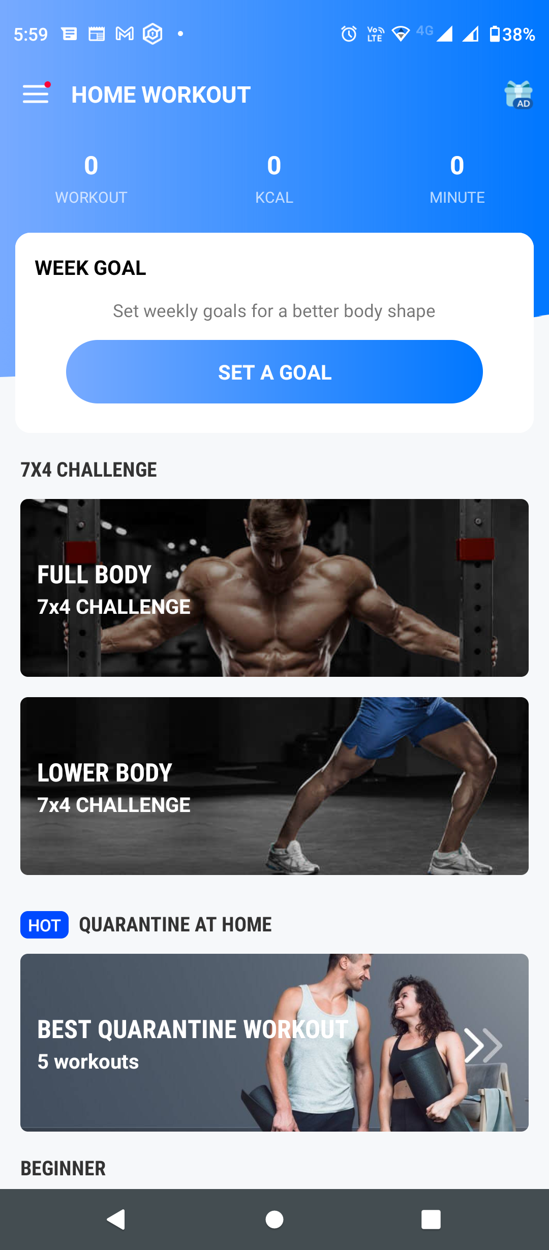 Screenshot of App Home workout 