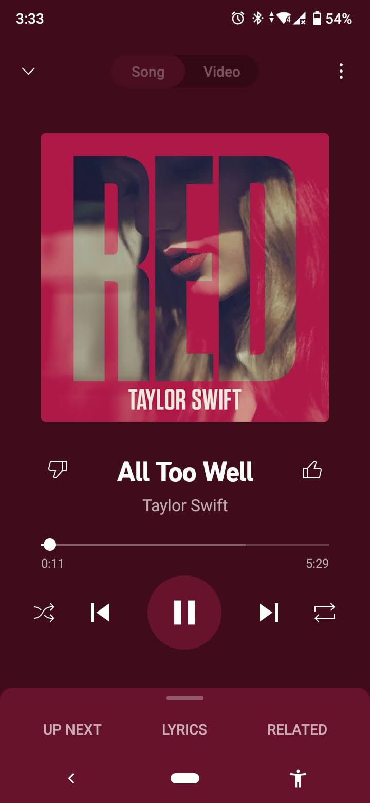 youtube music app playing all too well by taylor swift