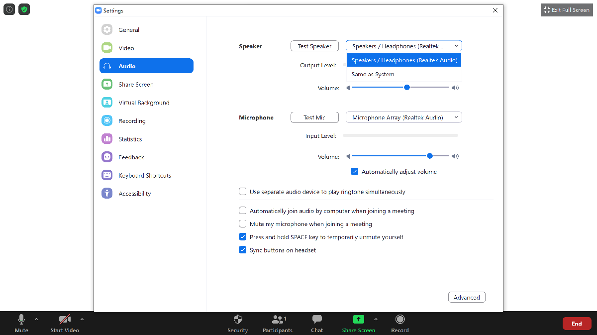 Zoom Audio Settings Screenshot