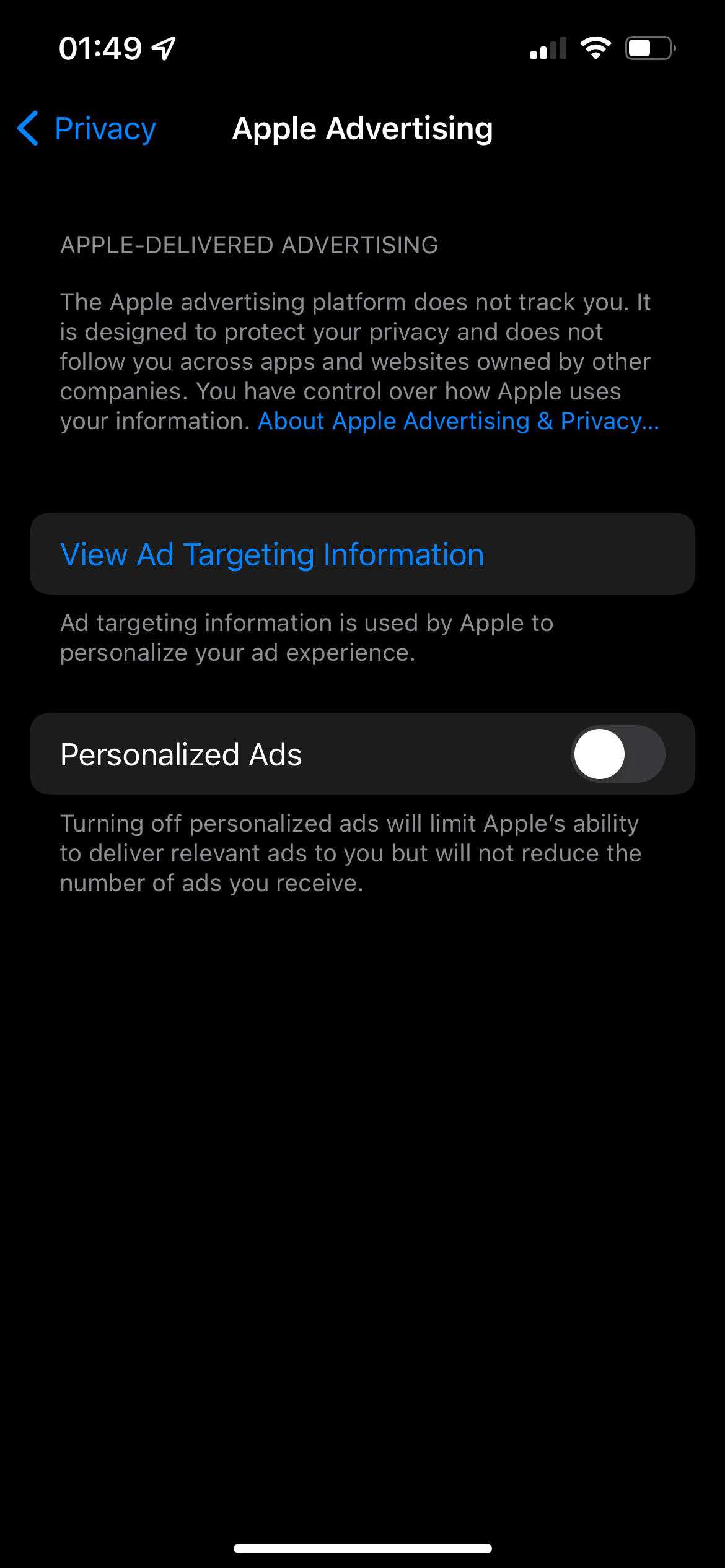 iPhone Ad Personalization Menu