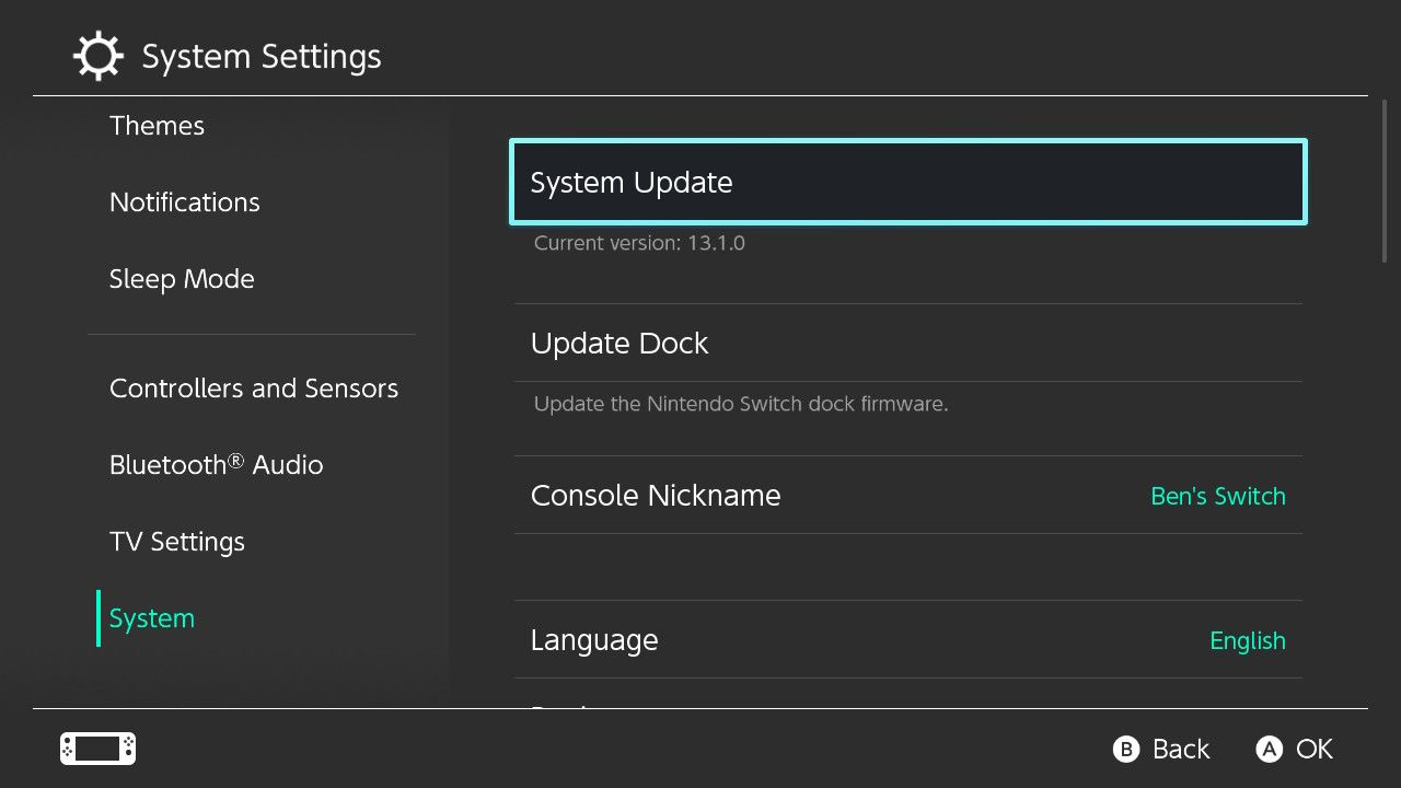 Switch System Update Menu