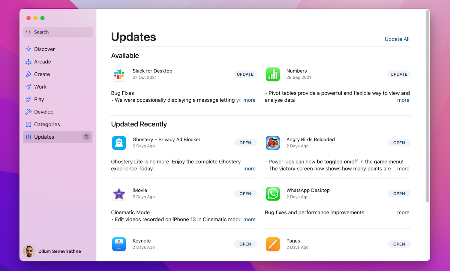 Updates screen on the Mac App Store.