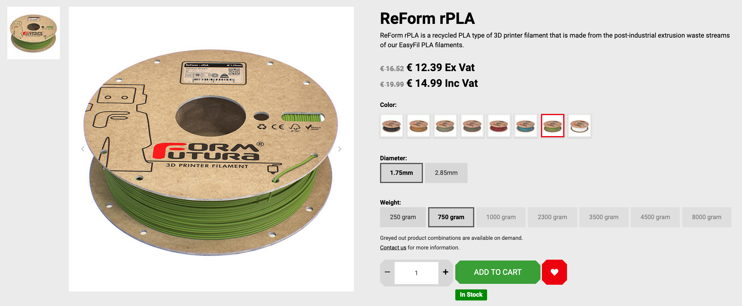 A online shop listing showing a spool of 3D printing filament by the company FormFutura