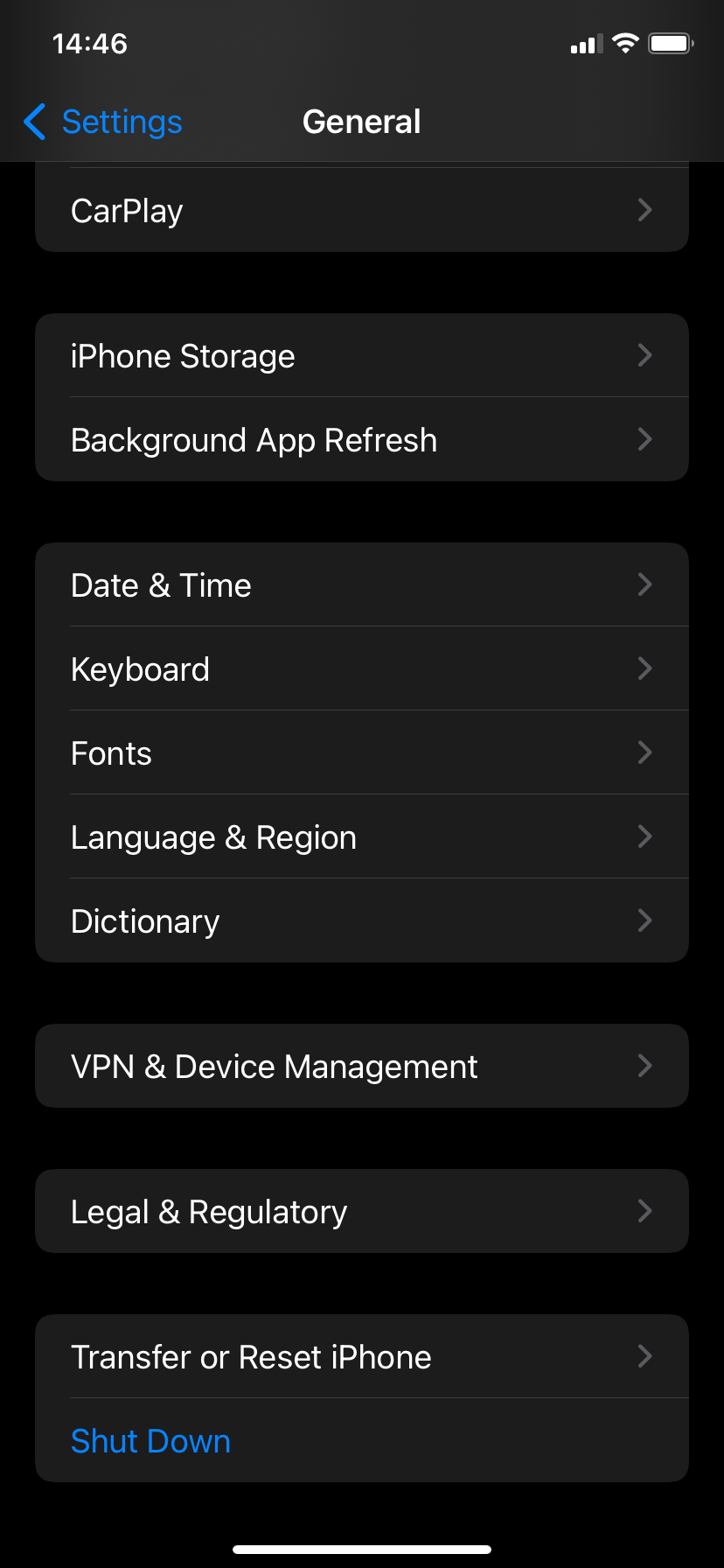 General settings screen on iPhone.