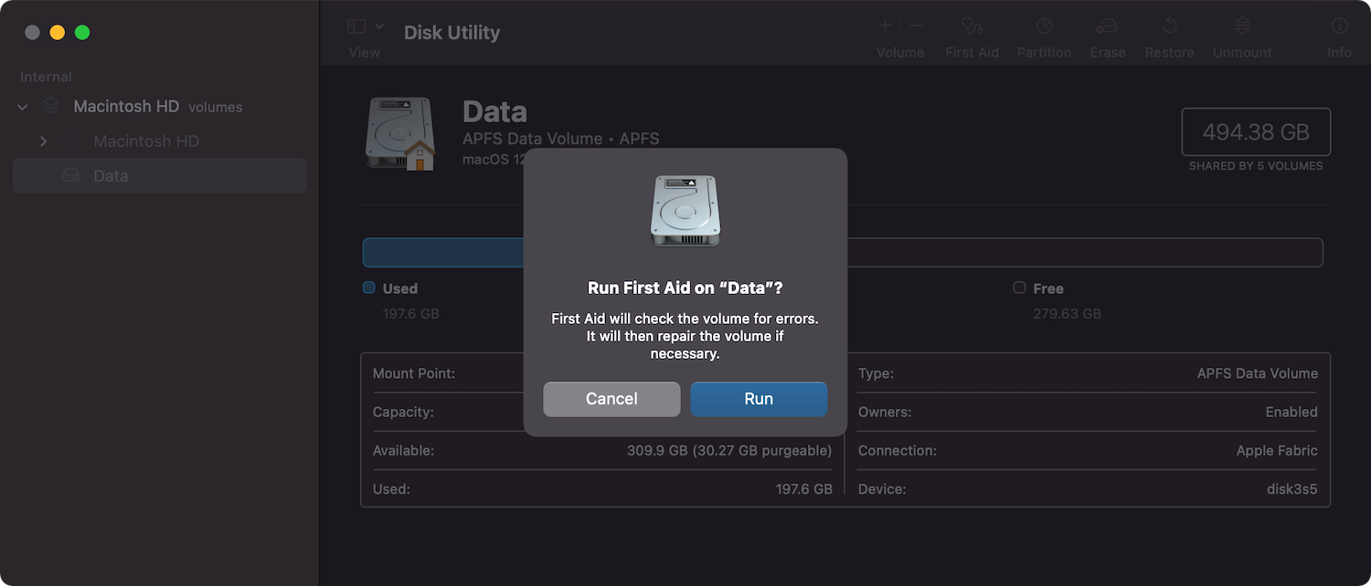 Running First Aid in macOS Recovery.
