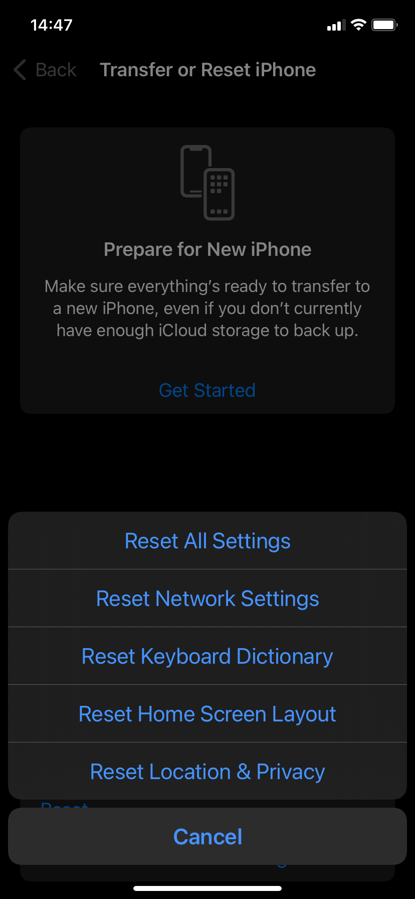 Reset menu on iPhone.