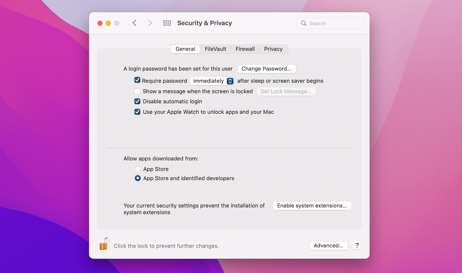 The Mac's Security and Privacy settings.