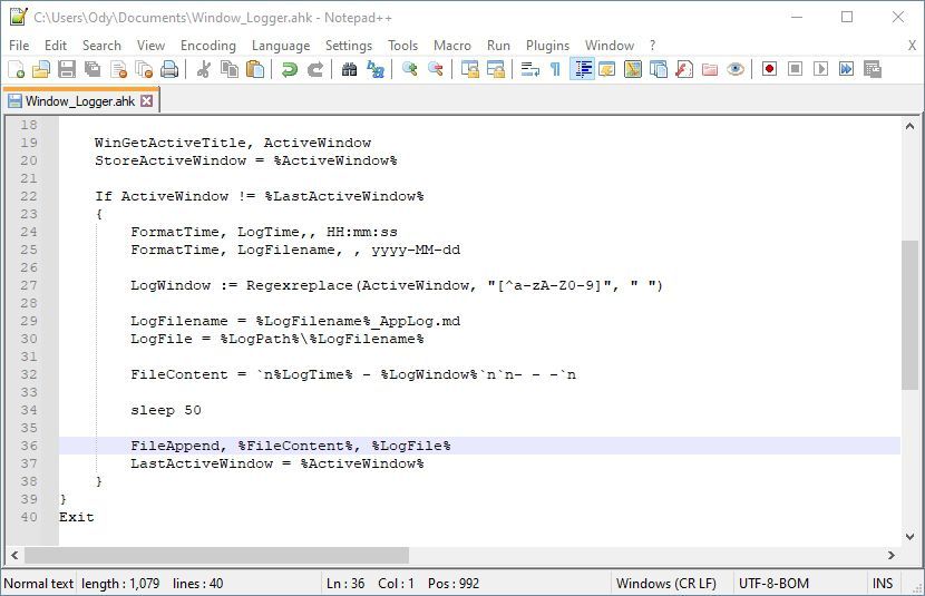 Inserting the current active window&rsquo;s title in the Last Active Window variable for future checkups.