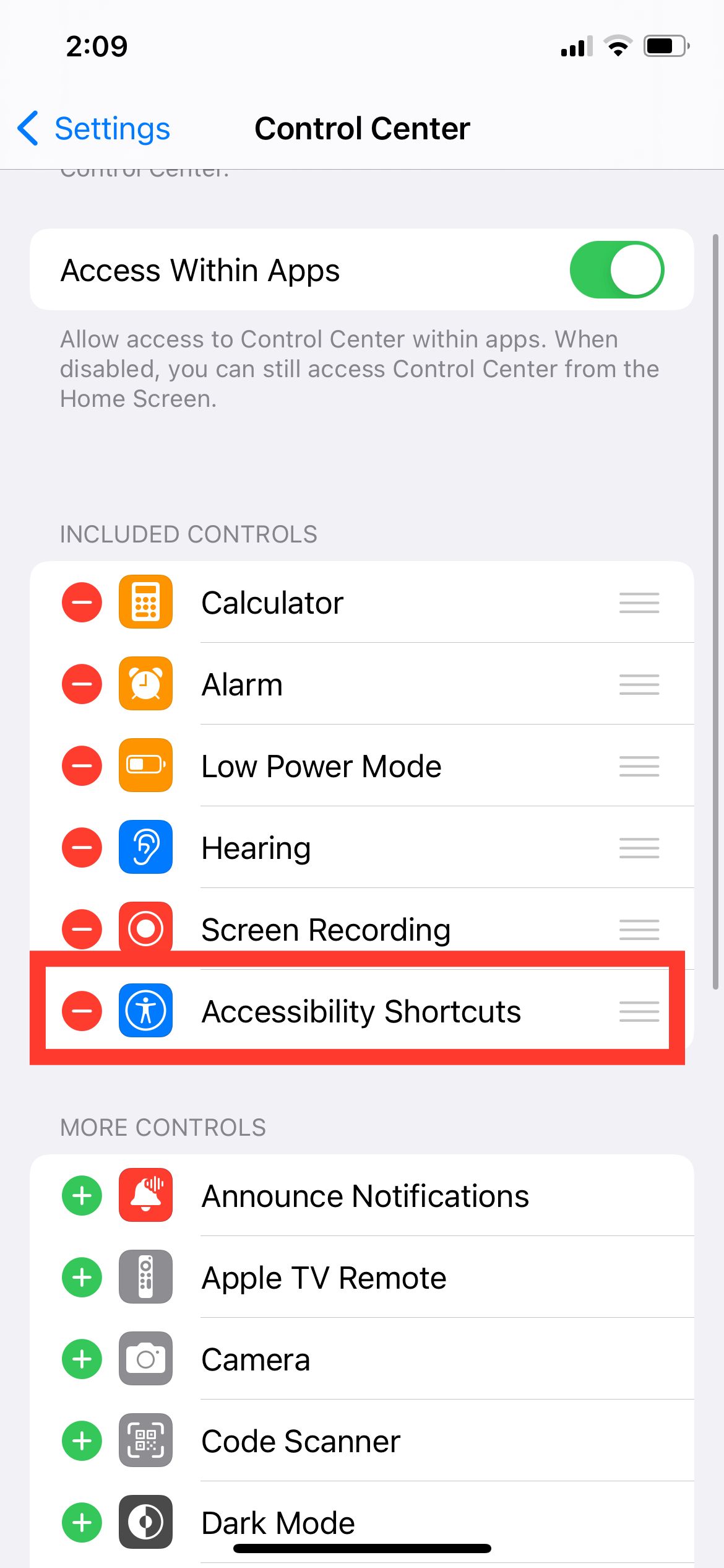 Accessibility shortcuts on Control Center